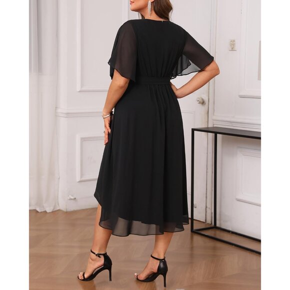 Plus Size Formal Dress Chiffon V Neck Short Sleeve High Low For Women - Picture 3 of 5